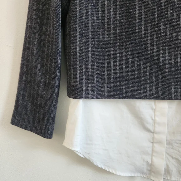 Theory Layered Look Cropped Striped Mockneck Sweater White Oxford Buttondown Top - Picture 2 of 6